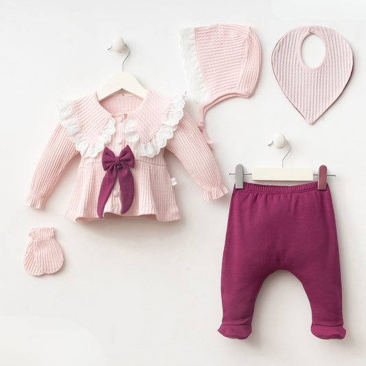 Baby Mädchen Erstlingsset | 5-teiliges Set | Kleidung mit Mütze, Lätzchen & Handschuhen