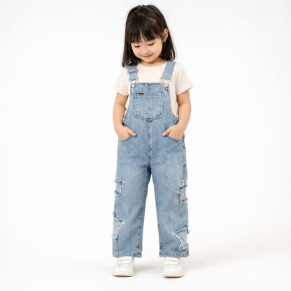 Mädchen Jeans Latzhose mit Sternen – Used-Look & verstellbare Träger