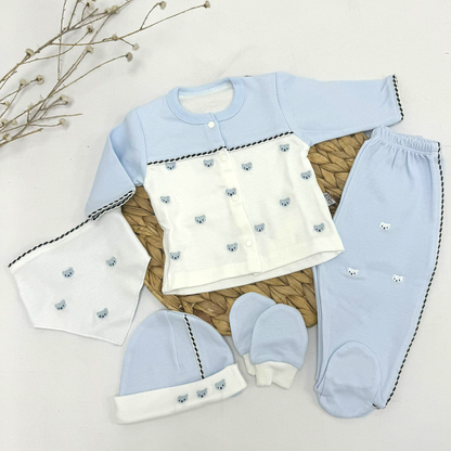 5-teiliges Baby Jungen Set | Blau-Weiß | Süße Bärchen-Stickerei
