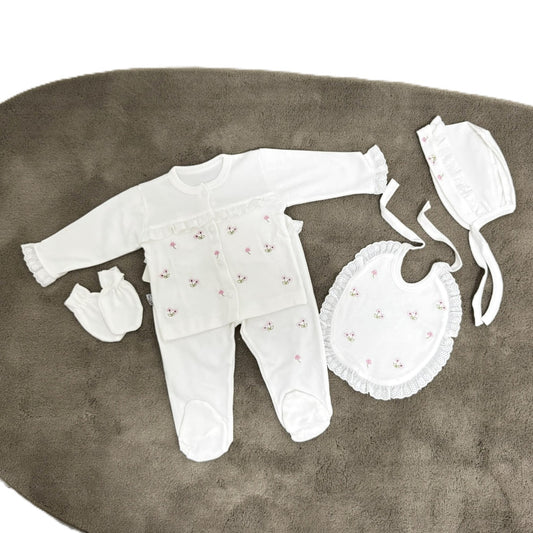 Zartes 5-teiliges Erstlingsset für Baby-Mädchen | Mit Spitze & Blumenstickerei