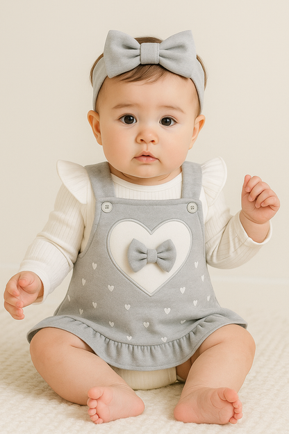 Baby Outfit 3-teilig – Strampler, Latzkleid & Haarband in Grau & Weiß