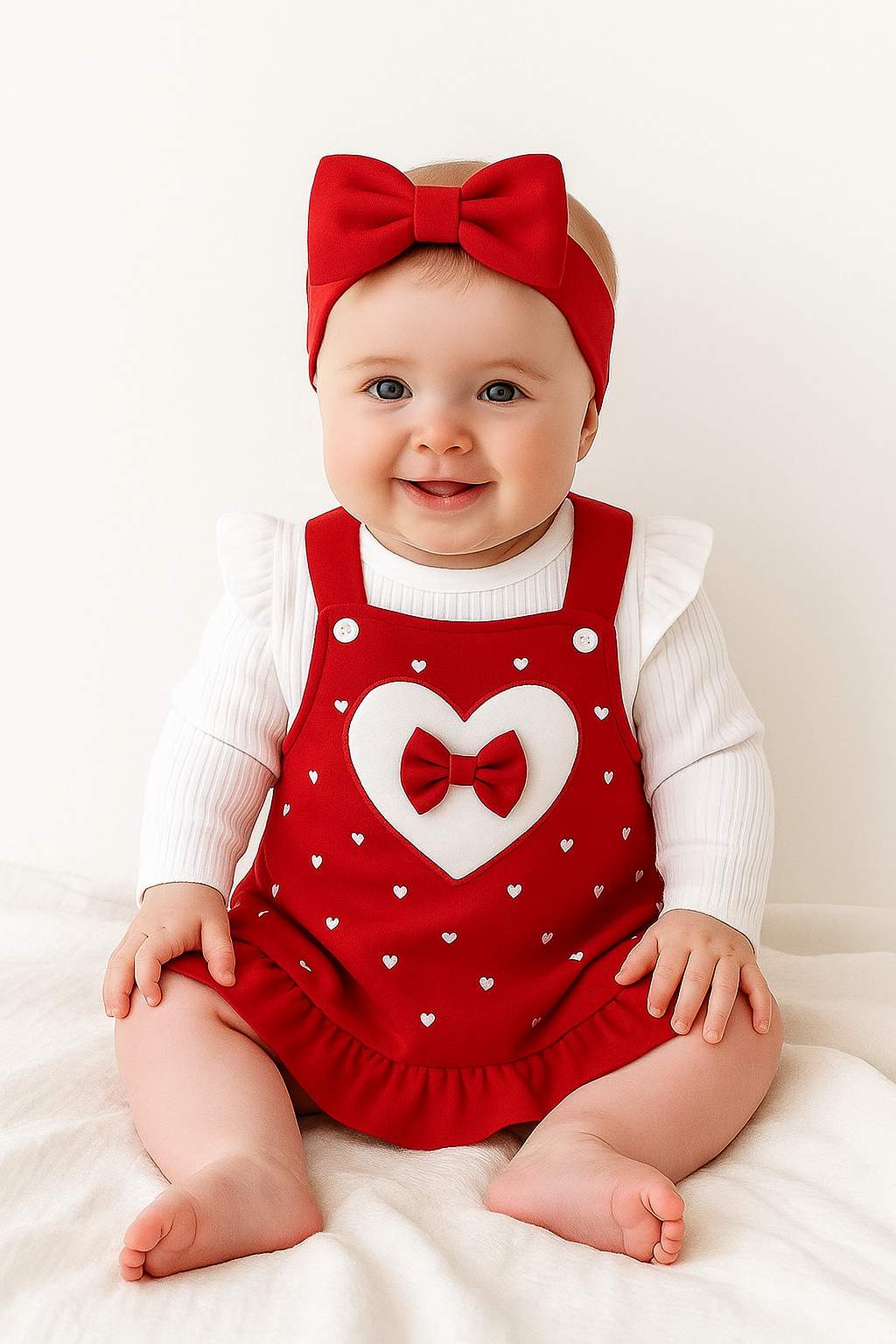 Baby Outfit 3-teilig – Strampler, Latzkleid & Haarband in Rot & Weiß