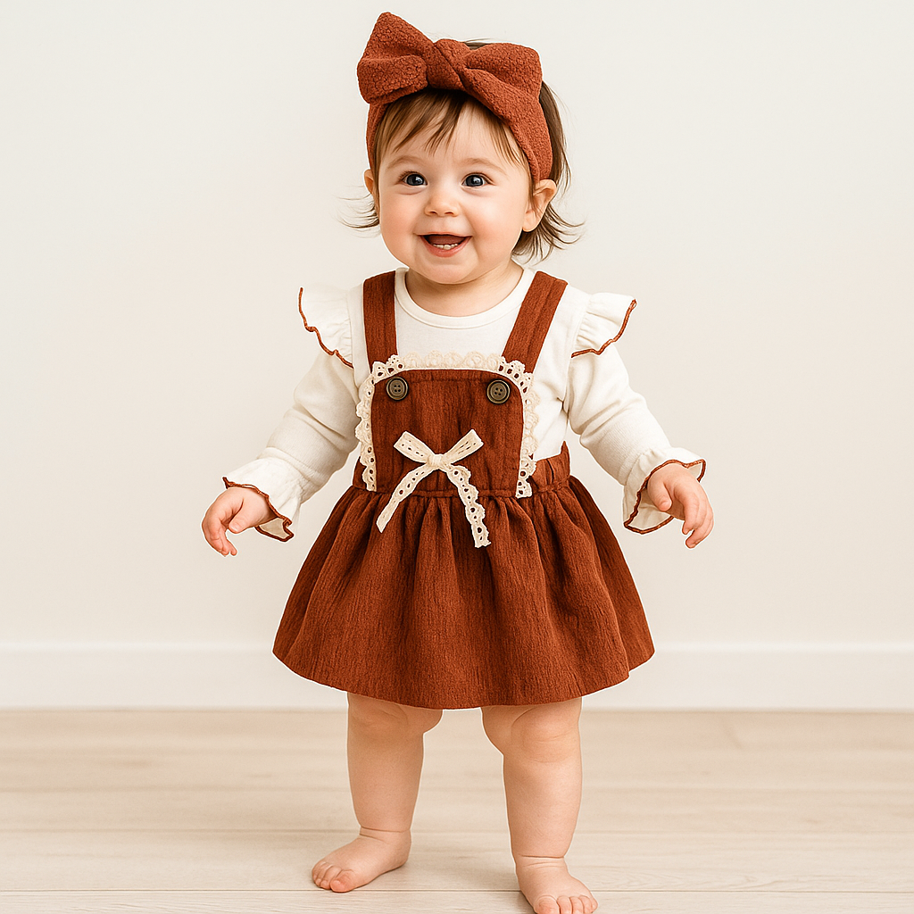 Baby Outfit 2-teilig – Latzkleid & Body in Rostbraun mit Spitze