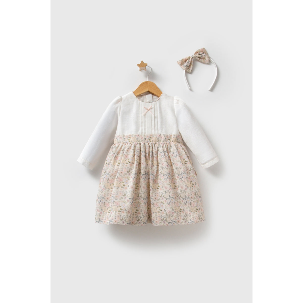 Mädchen Kleid mit Blumenrock & Haarreifen – langarm in Creme & Pastellblumen