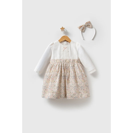 Mädchen Kleid mit Blumenrock & Haarreifen – langarm in Creme & Pastellblumen