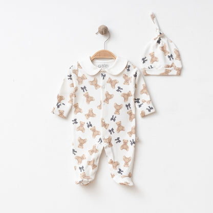 Babyjungen Strampler 2-teilig | Strampler mit Mütze & Teddybär-Motiv