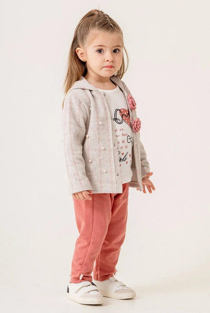 Baby Mädchen 3-teiliges Outfit – Jacke mit Perlen & Blumenapplikation, T-Shirt & Hose – 2 Farben