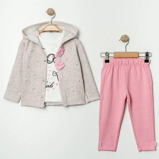 Baby Mädchen 3-teiliges Outfit – Jacke mit Perlen & Blumenapplikation, T-Shirt & Hose – 2 Farben