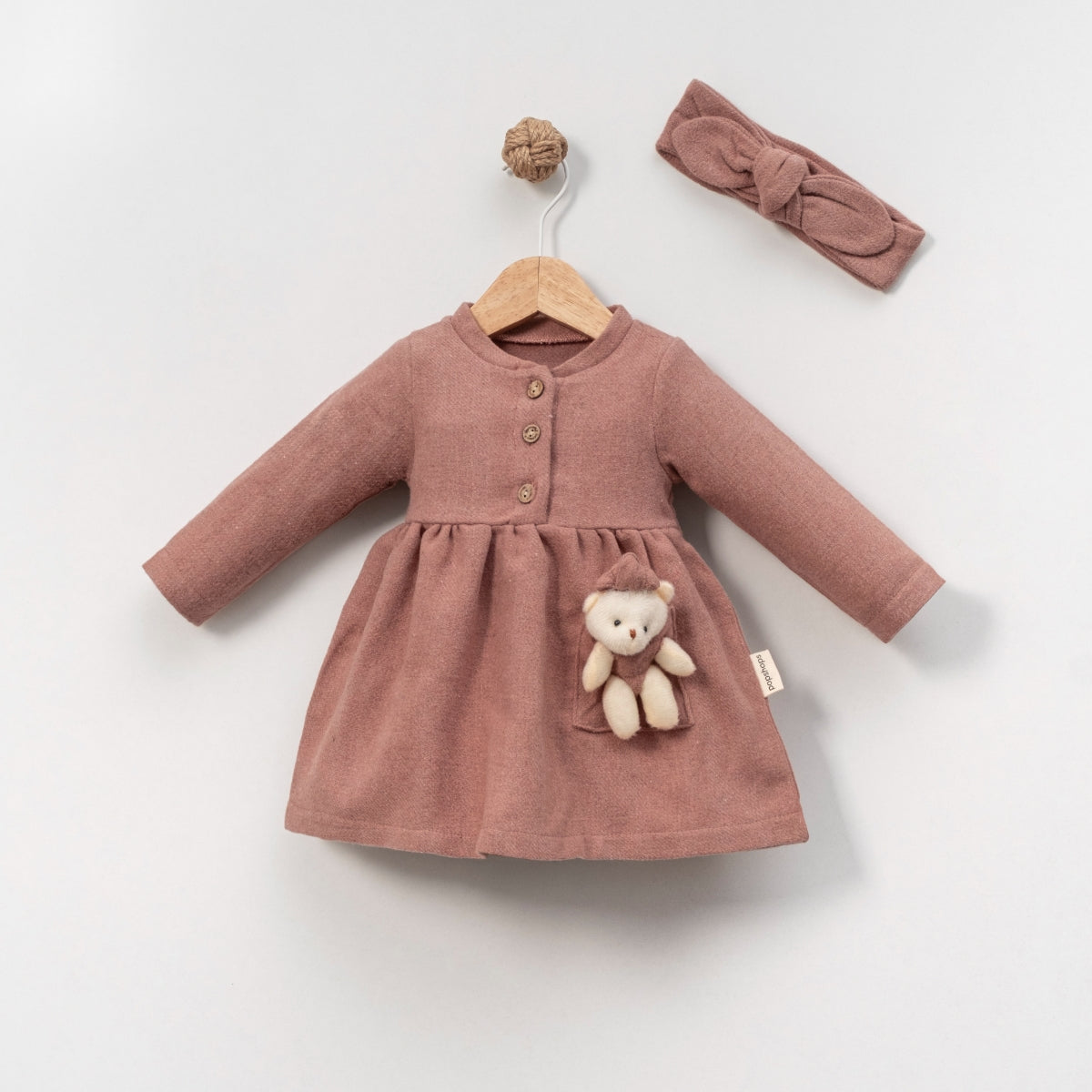 Mädchen Kleid mit Blumenrock & Haarreifen – langarm in Altrosa & Braun