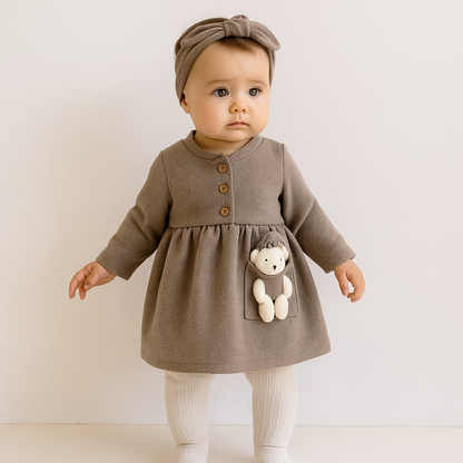 Baby Kleid 2-teilig – Taupe Kleid mit Kuschelteddy & Haarband