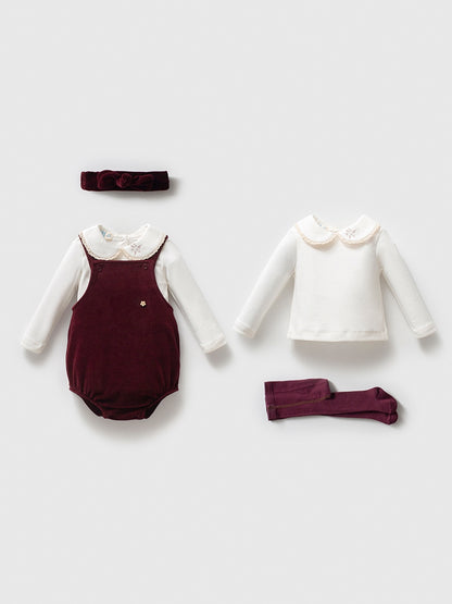 Baby Mädchen Outfit Set 🍒 | 4-teilig | Body, Shirt, Strumpfhose & Haarband