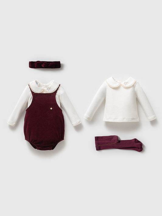 Baby Mädchen Outfit Set 🍒 | 4-teilig | Body, Shirt, Strumpfhose & Haarband