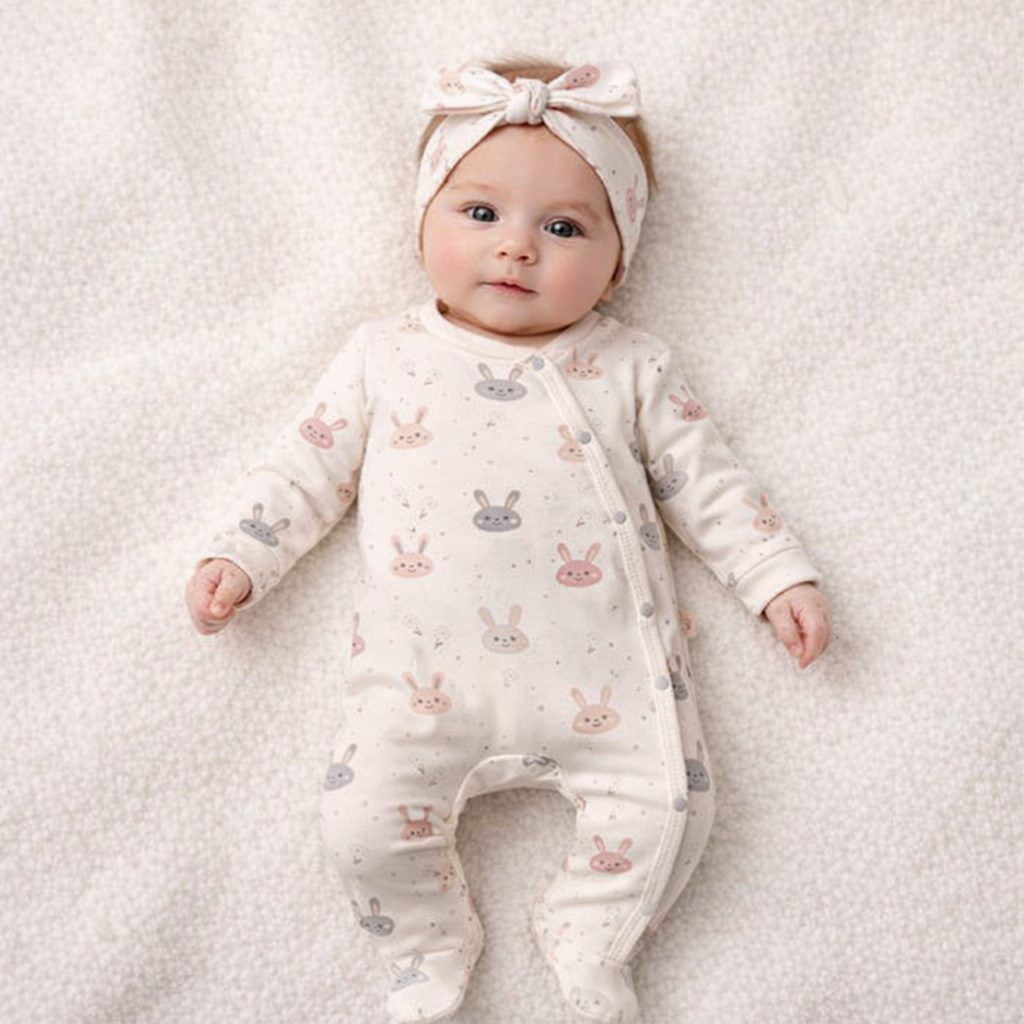 Babystrampler für Mädchen mit Haarband – süßes Hasen-Design 🐰💗