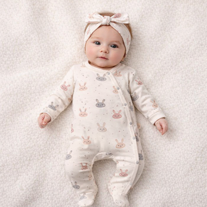 Babystrampler für Mädchen mit Haarband – süßes Hasen-Design 🐰💗