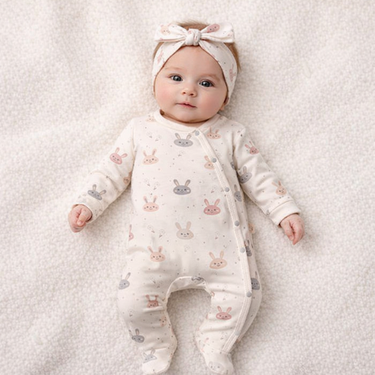 Babystrampler für Mädchen mit Haarband – süßes Hasen-Design 🐰💗