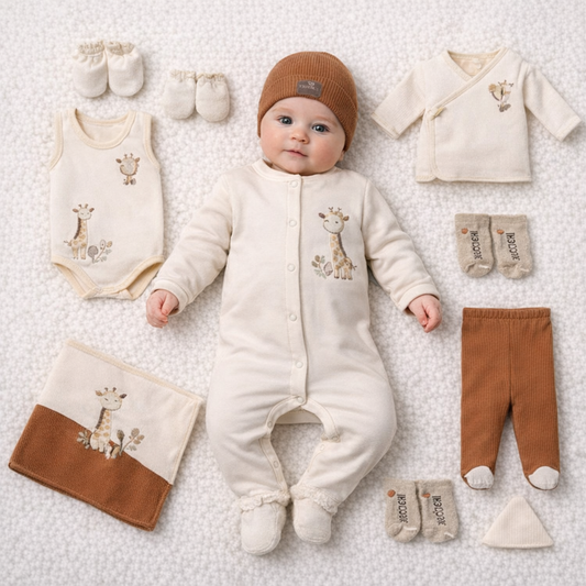 Neugeborenen Erstlingsset „Safari Friends“ – 10-teiliges Baby-Set | 100% Baumwolle & Decke inklusive