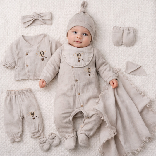 Neugeborenen Erstlingsset „Hot Air Balloon“ – 10-teiliges Baby-Set für Jungen | 100% Baumwolle & Decke inklusive
