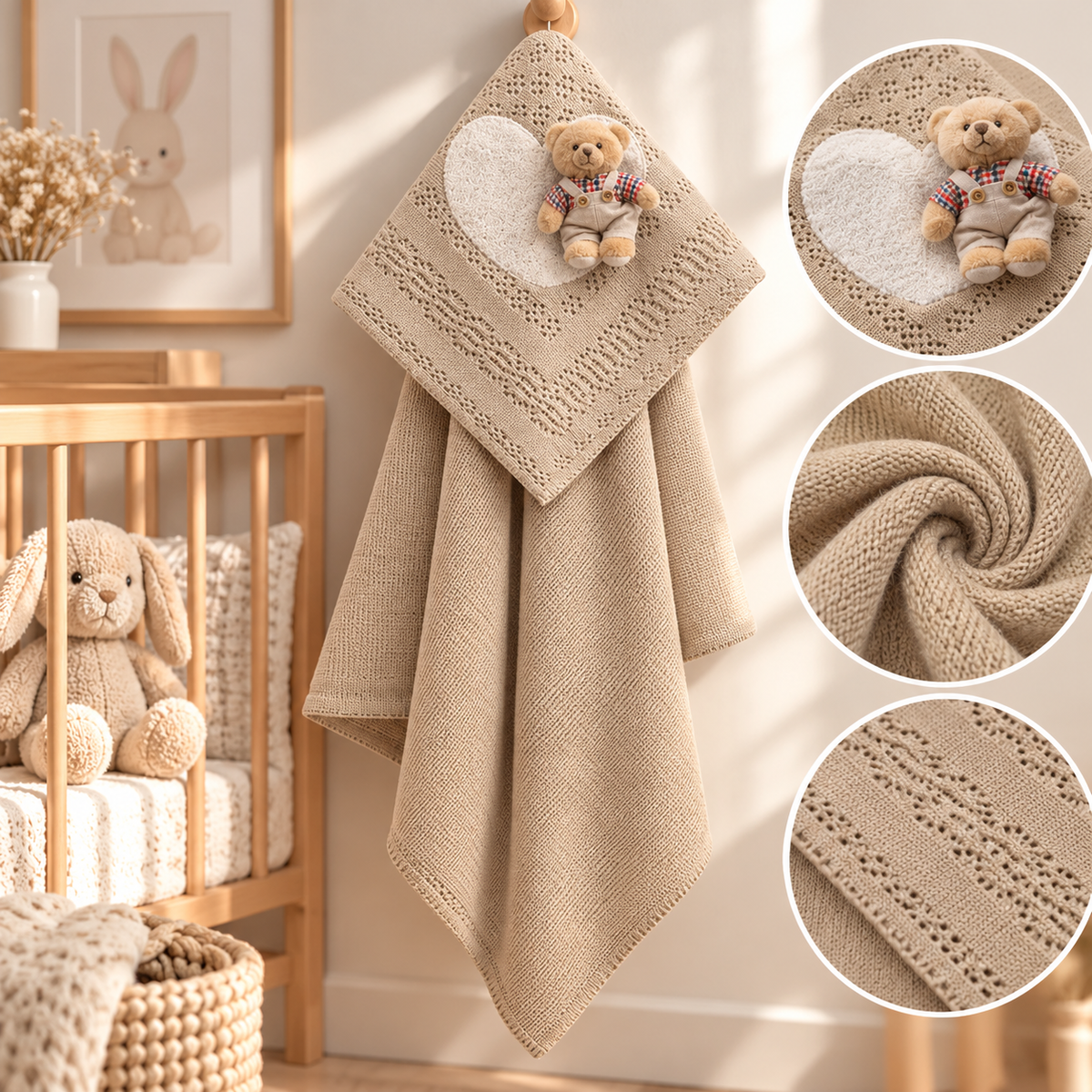 Kuschelige Babydecke mit Herz & Teddybär 🧸 | Strickoptik