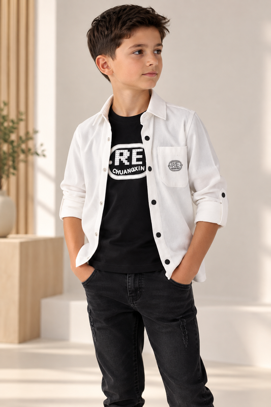 Jungen Set – Weißes Hemd & schwarzes T-Shirt mit Print