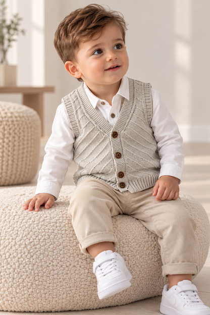 Strickweste für Jungen – Beige mit Knöpfen | Diagonal-Strickmuster