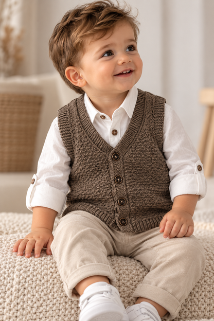 Strickweste für Jungen – Braun mit Knöpfen | Warme Kinder-Strickweste