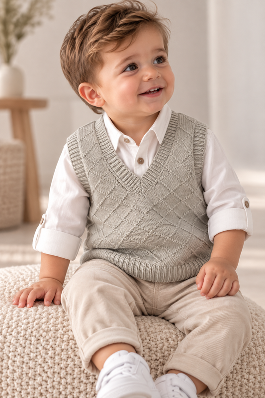 Strick-Pullunder für Jungen – ärmelloser Pullover | Beige mit Rautenmuster