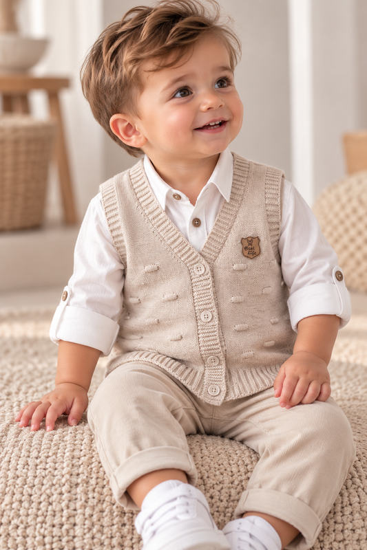Strickweste für Jungen – klassische Knopf-Cardigan-Weste | Beige