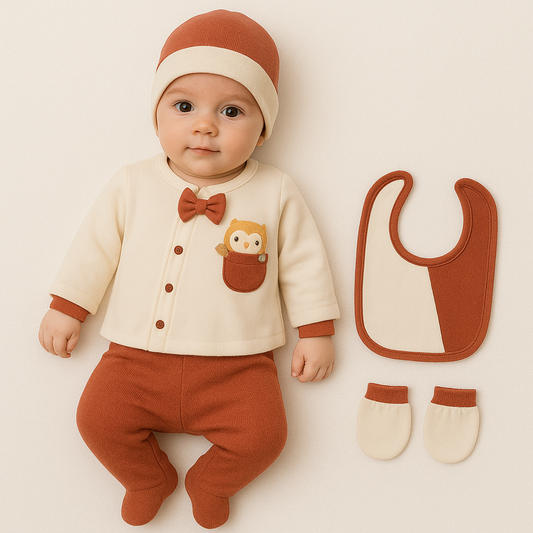 Baby Erstausstattung 5-teilig – Baumwollset mit Löwenmotiv in Creme/Rotbraun