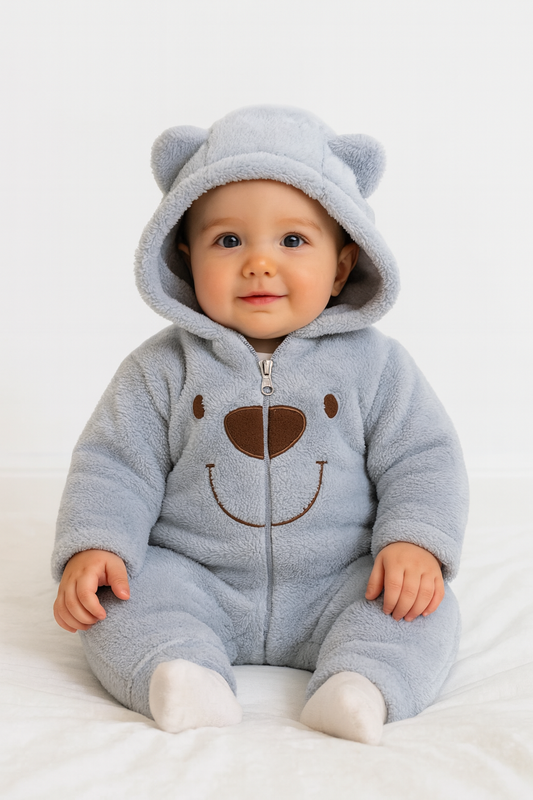 Baby Fleece Overall mit Bärchen-Gesicht – in Beige & Hellgrau