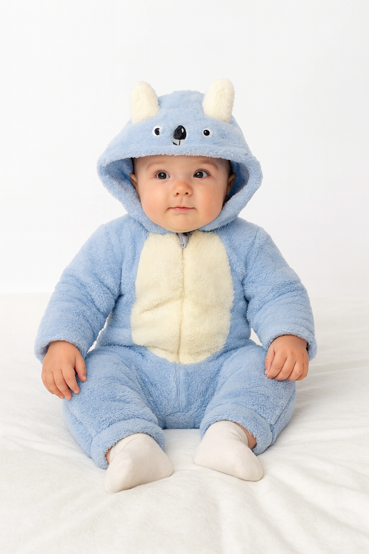 Baby Overall mit Kapuze – Flauschiger Einteiler in Blau mit Bärchen-Design