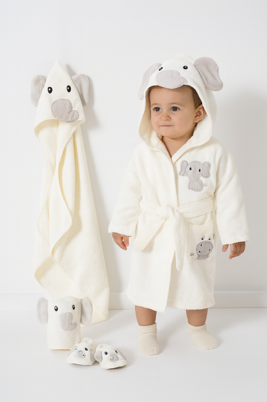 Kinder Badeset mit Elefanten Design aus 100% Baumwolle Frottee - 4-teilig