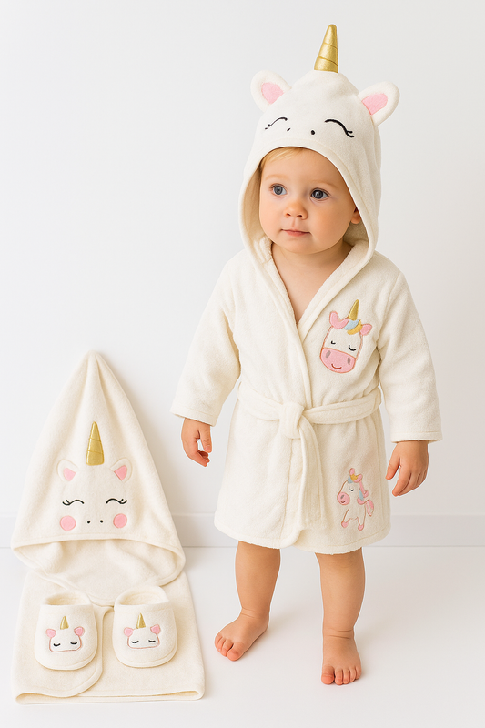 Kinder Badeset mit Einhorn Design aus 100% Baumwolle Frottee - 4-teilig