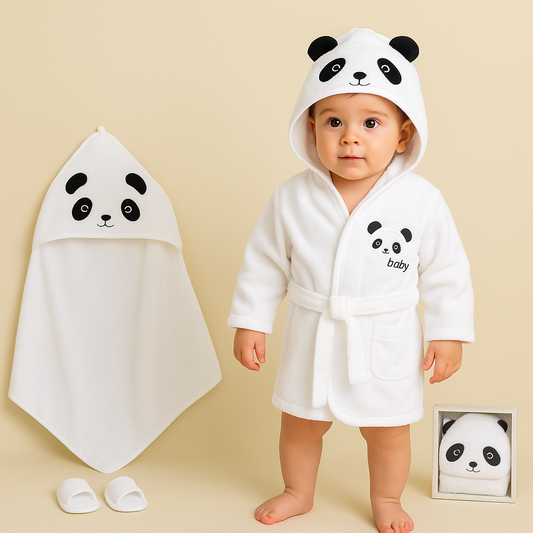 Baby-Bademantel & Badetuch Set 4-teilig – Baumwolle Panda Design Weiß