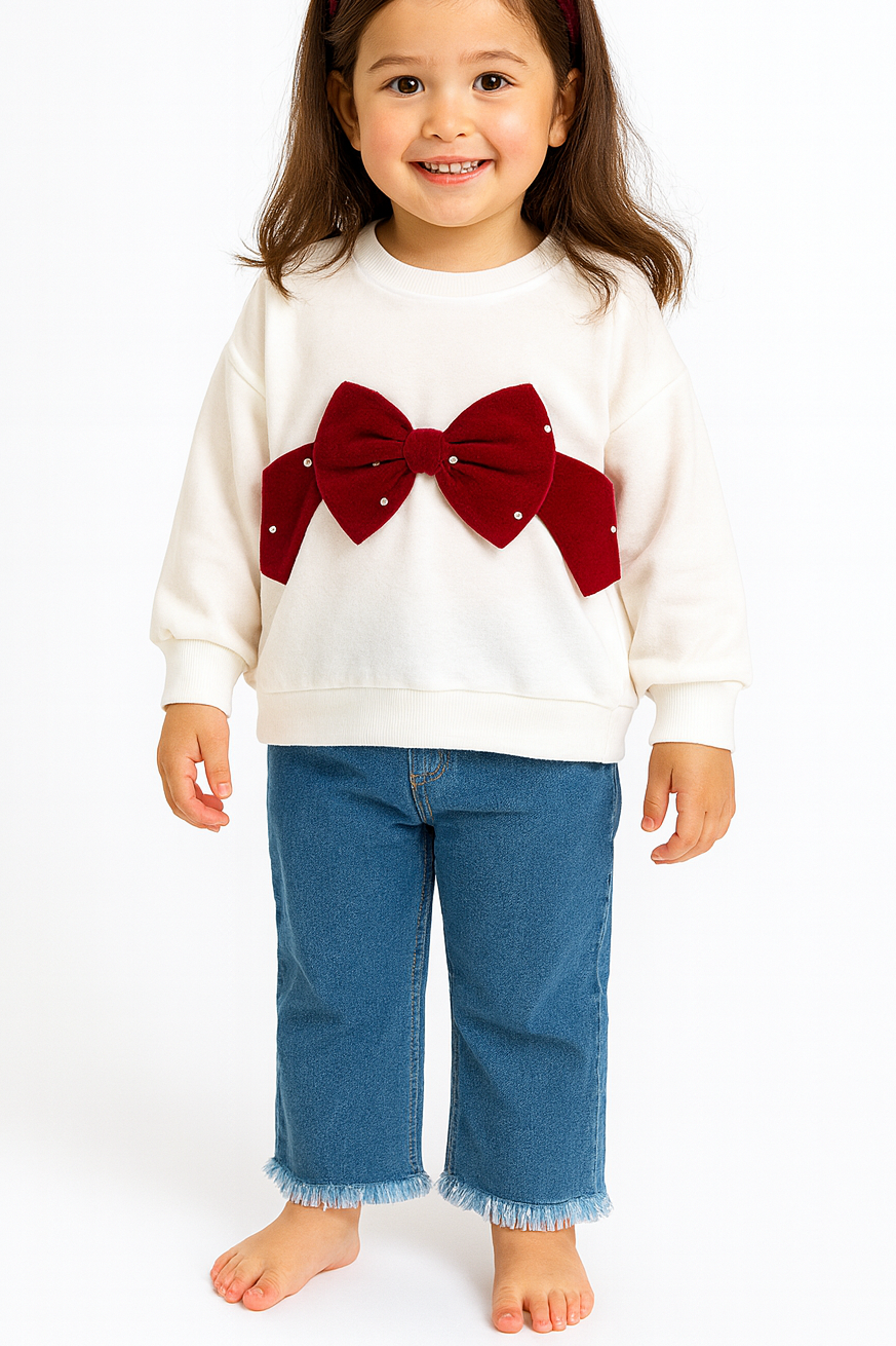 Mädchen Outfit – Weißer Pullover mit roter Schleife & Jeanshose (2-teiliges Set)