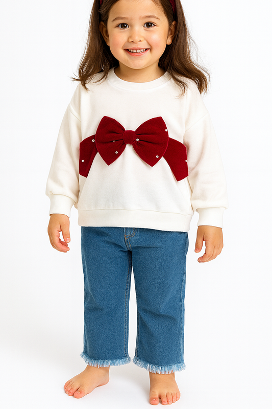 Mädchen Outfit – Weißer Pullover mit roter Schleife & Jeanshose (2-teiliges Set)