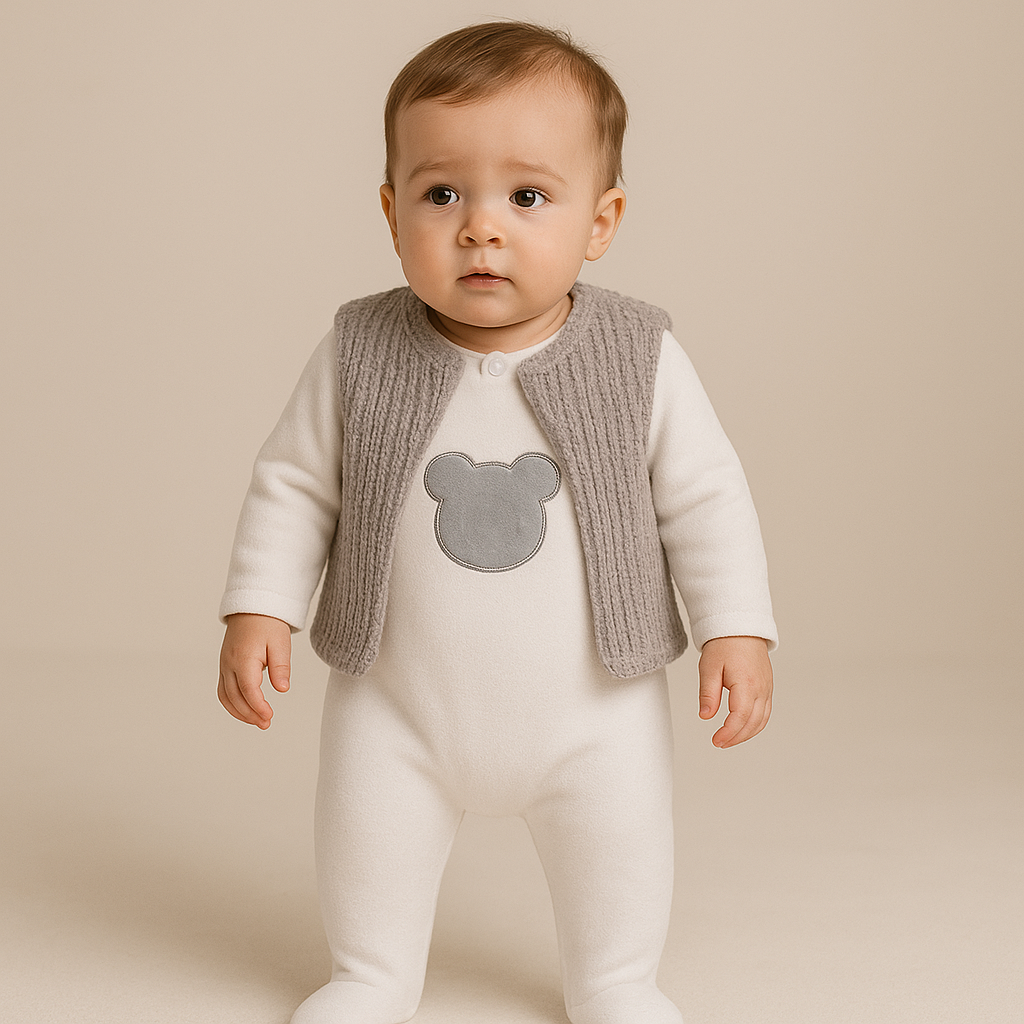 Baby Strampler mit weicher Strickweste – Grau & Weiß | Kuscheliges 2-tlg. Set