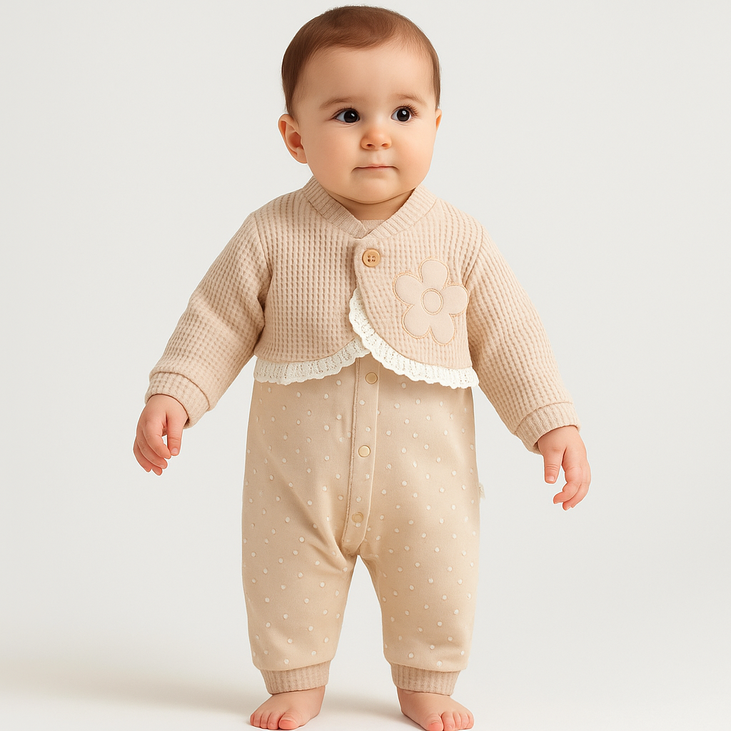 Einteiliger Baby Strampler mit angenähter Waffelweste & Blümchen-Applikation – Beige