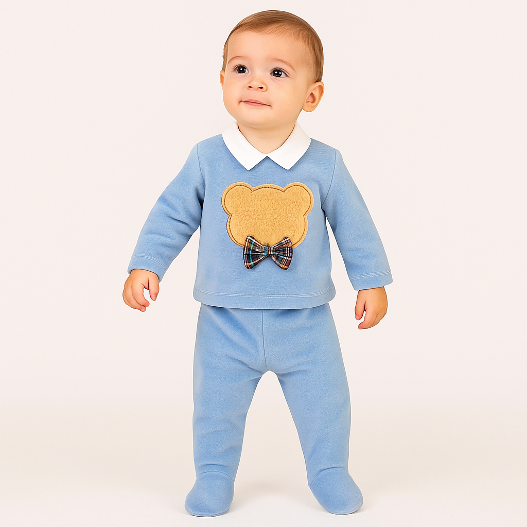 2-teiliges Babyset aus Fleece mit Bärenapplikation & Schleife – Hellblau