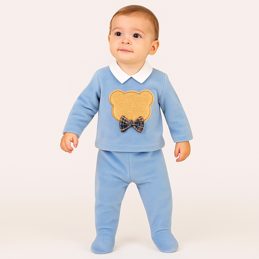 2-teiliges Babyset aus Fleece mit Bärenapplikation & Schleife – Hellblau