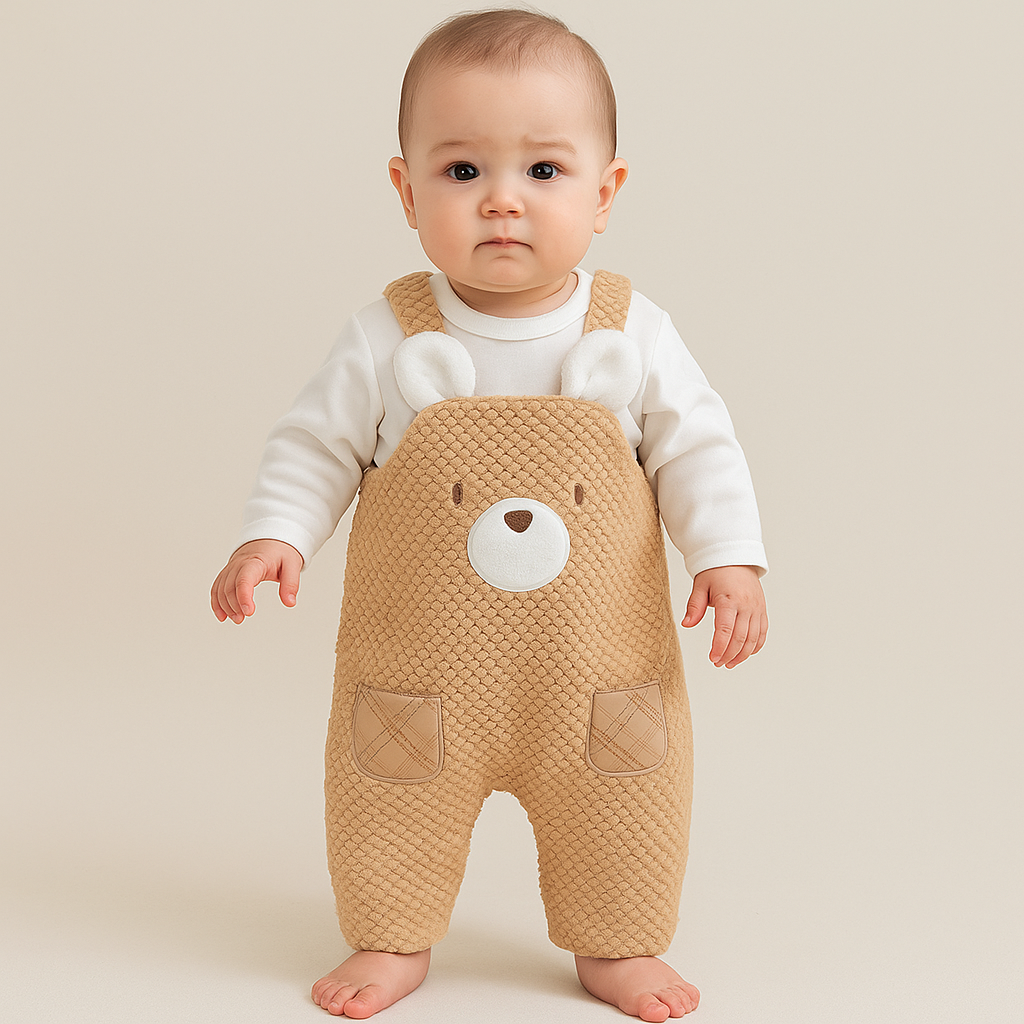 2-teiliges Babyset mit Latzhose & Bärenmotiv – Beige & Weiß