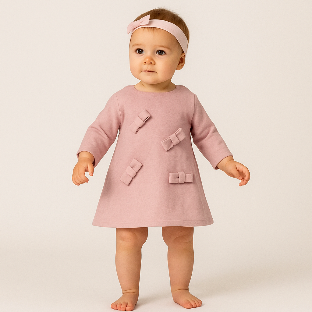 Baby Kleid mit Schleifen & passendem Stirnband – Altrosa