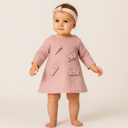 Baby Kleid mit Schleifen & passendem Stirnband – Altrosa