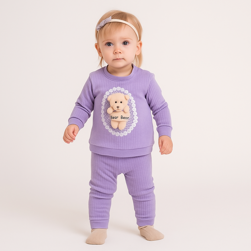 2-teiliges Babyset mit Teddybär-Applikation – Lila | Weiches Outfit für Mädchen