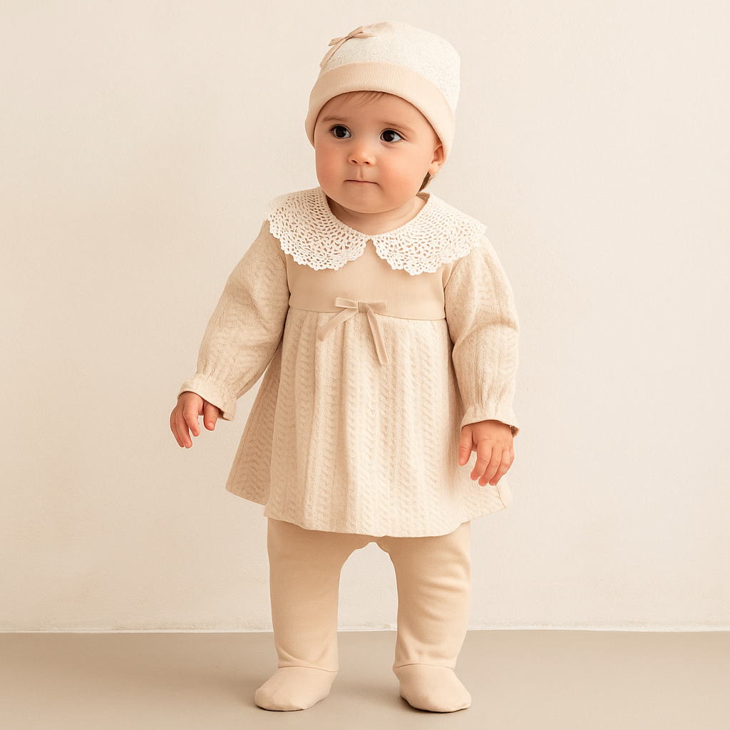 5-teiliges Baby Mädchen Set mit Spitzenkragen – Creme | Elegantes Neugeborenen Outfit