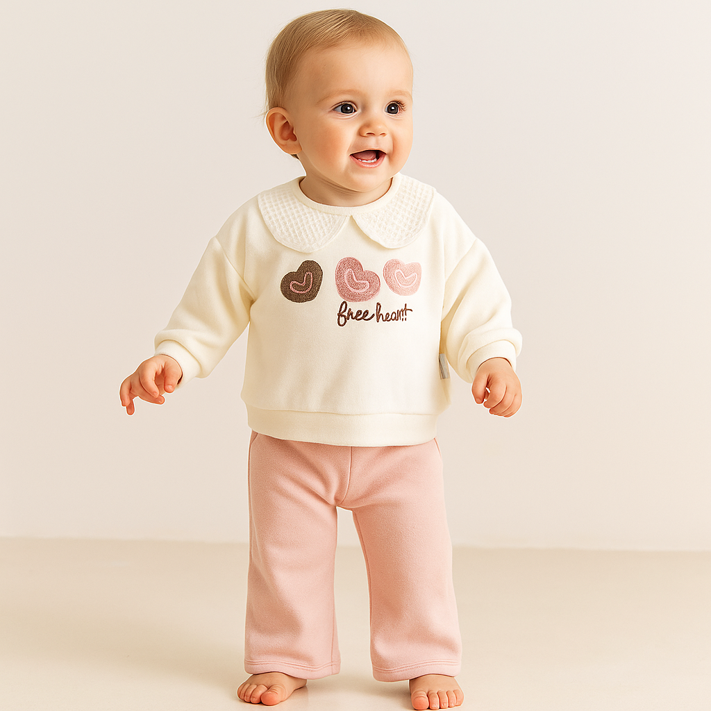 2-teiliges Baby Mädchen Set mit Herzmotiv & Kragen – Creme & Rosa