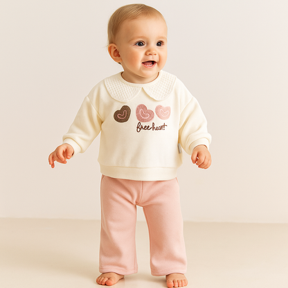 2-teiliges Baby Mädchen Set mit Herzmotiv & Kragen – Creme & Rosa