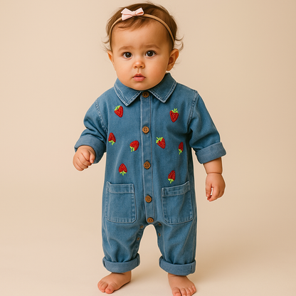 Baby Jeans-Strampler mit Erdbeer-Print – Blau | Bequemer Einteiler für Mädchen