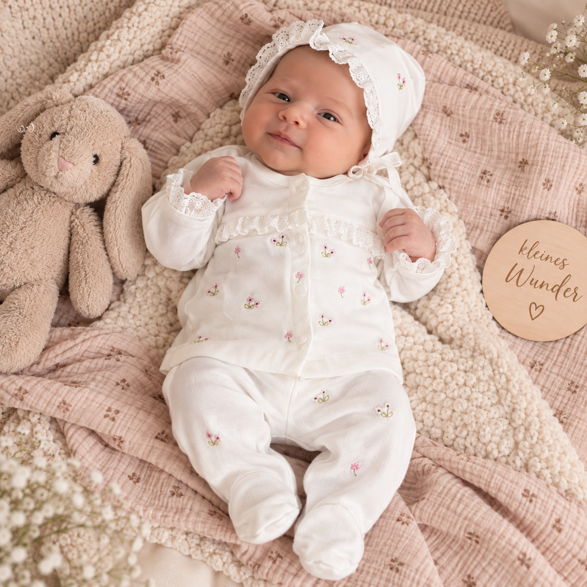 Zartes 5-teiliges Erstlingsset für Baby-Mädchen | Mit Spitze & Blumenstickerei