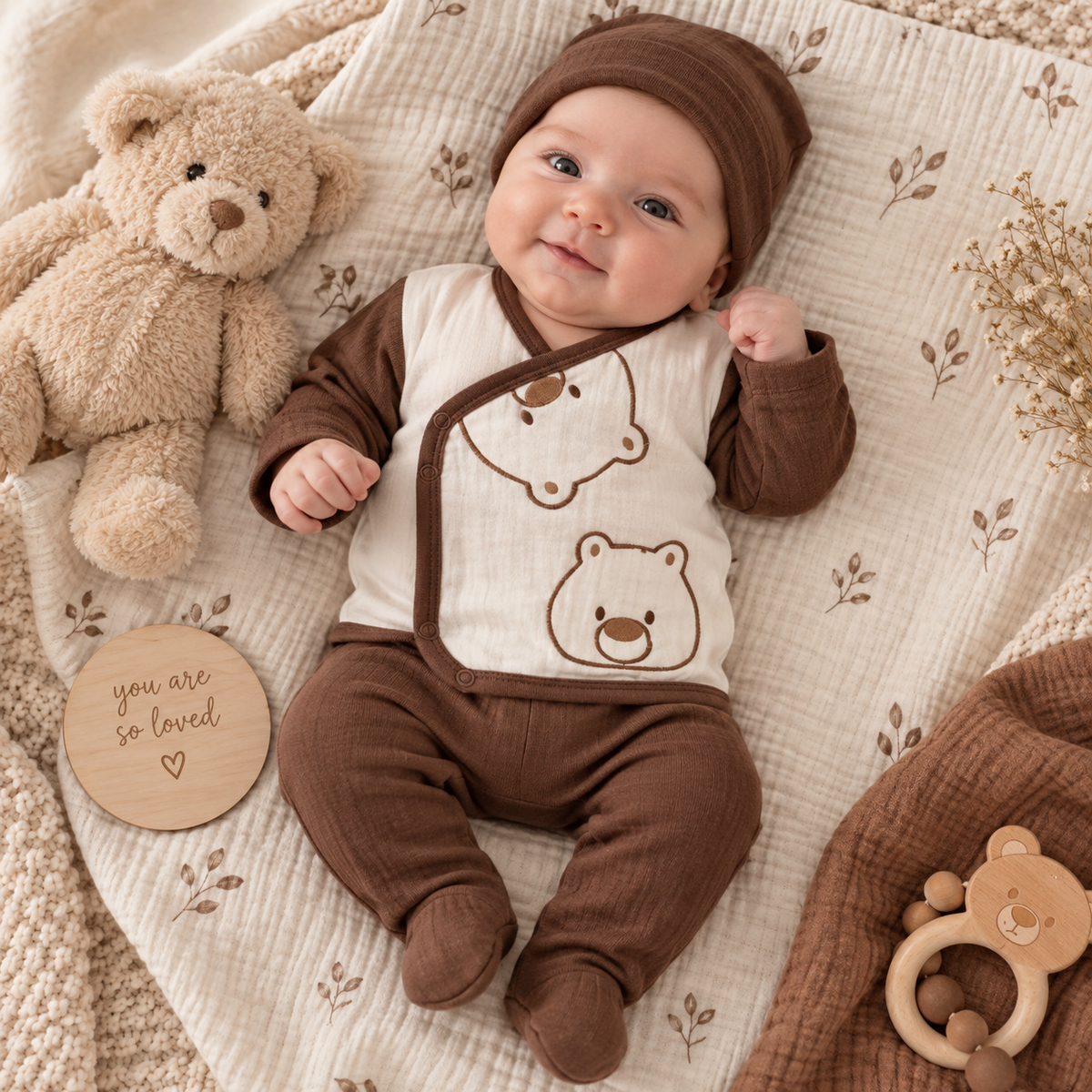 Baby 5-teiliges Erstlingsset aus Musselin – Bärchen Design