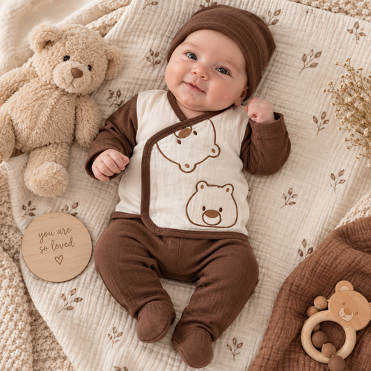 Baby 5-teiliges Erstlingsset aus Musselin – Bärchen Design